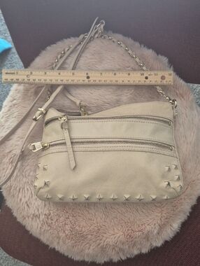 Women’s Beige Studded Crossbody Bag - Chain Strap. Leather